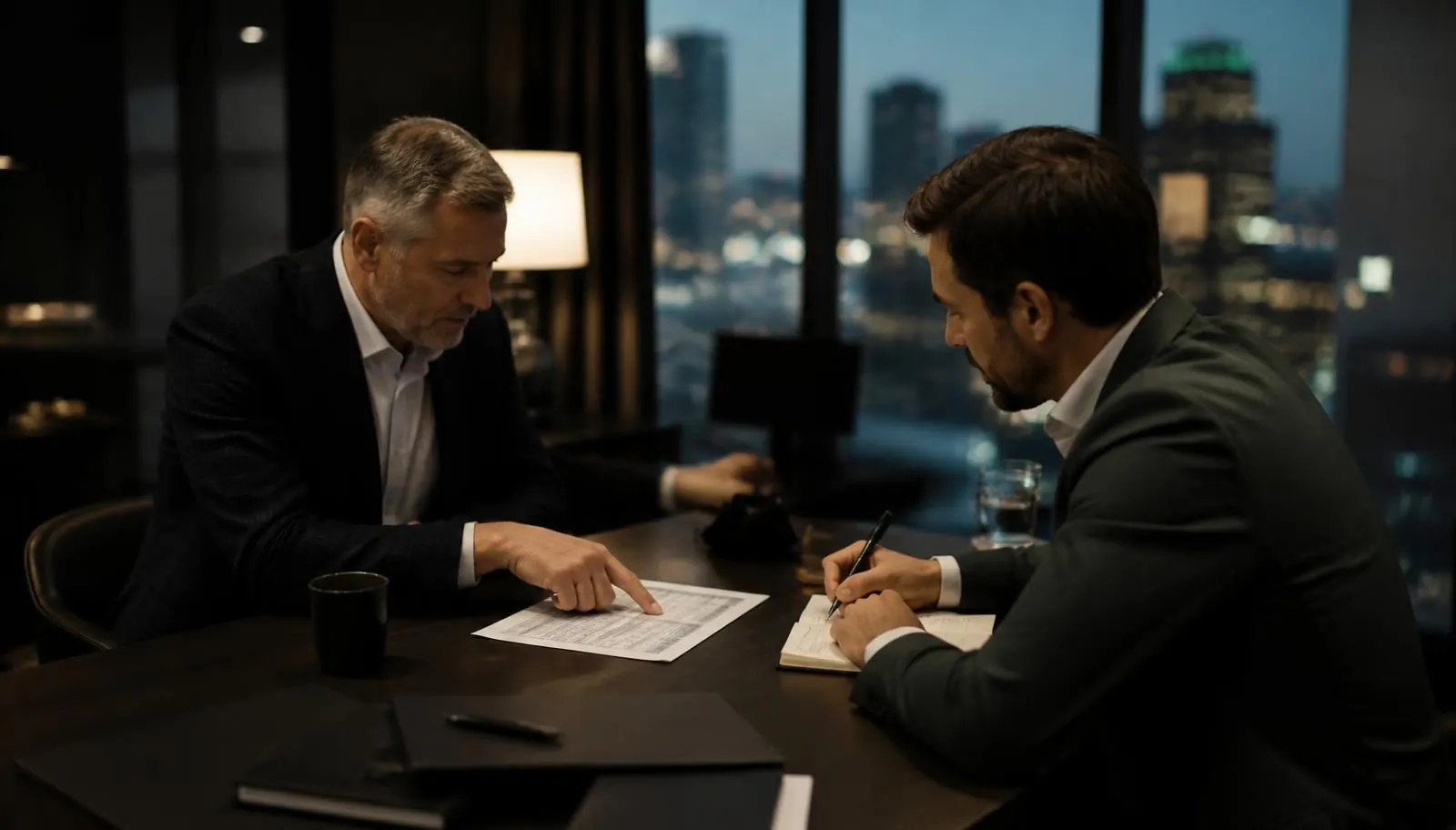 Two advisors reviewing New Jersey cannabis financial documents together in a dark advisory office overlooking a city at dusk