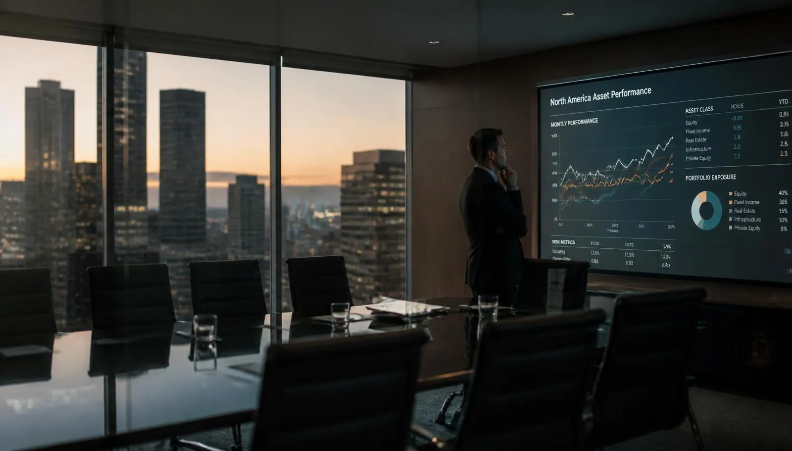 Fractional CFO strategy session reviewing New Jersey cannabis financial projections in a glass boardroom at dusk