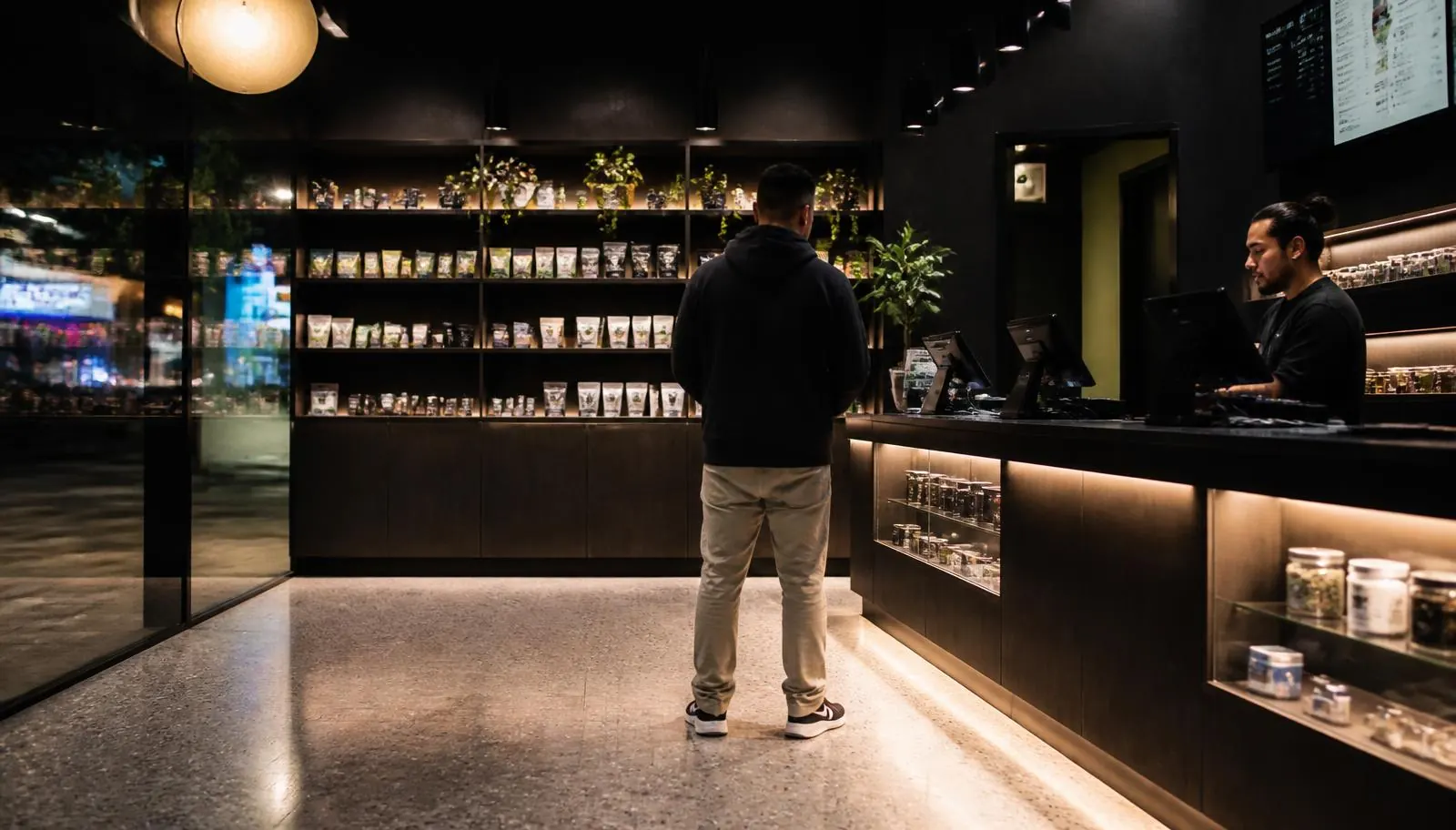 Modern licensed New Jersey cannabis dispensary interior with dark wood and backlit display casework