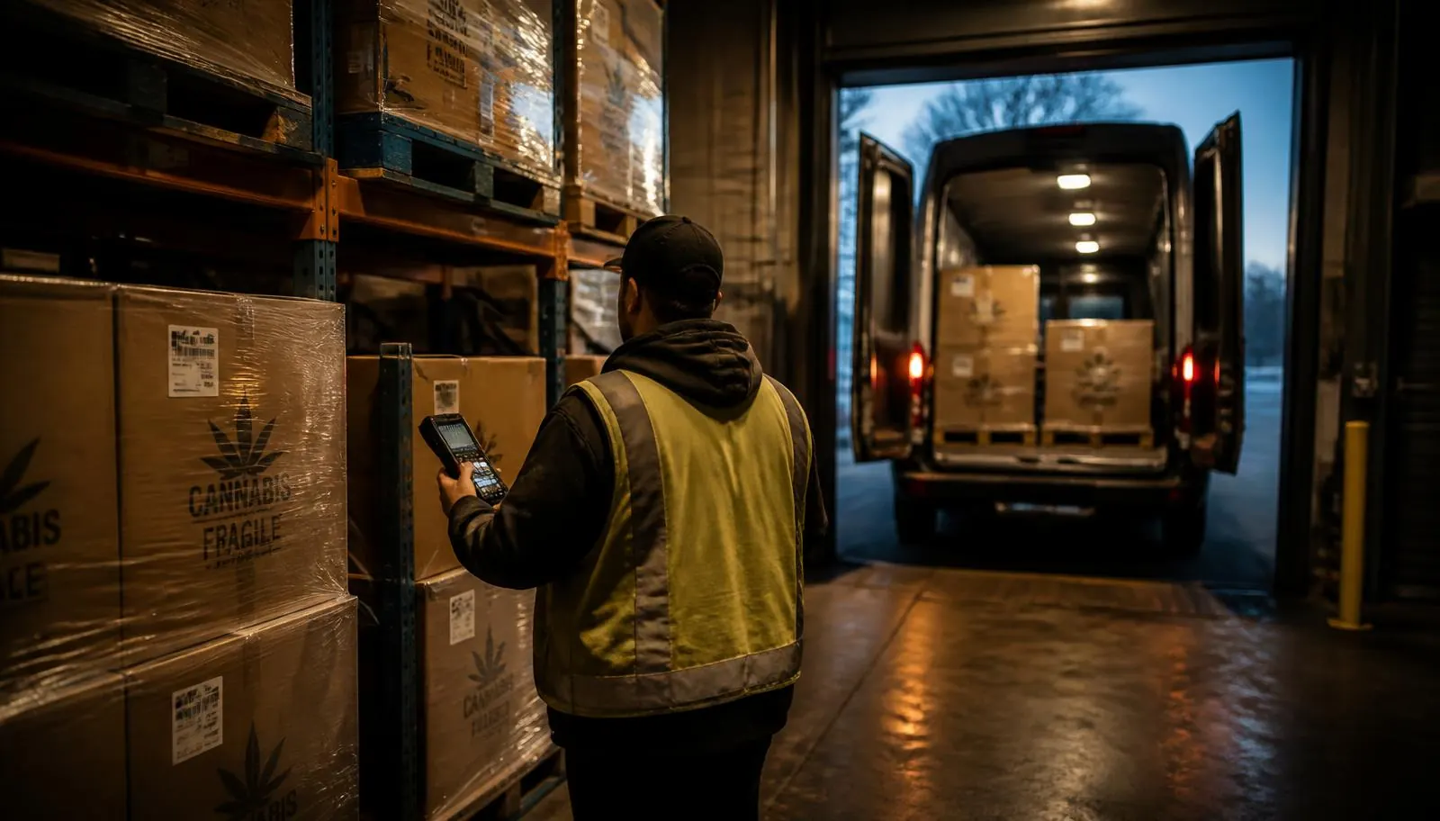 New Jersey cannabis distribution warehouse with palletized inventory, secure racking and a delivery vehicle bay