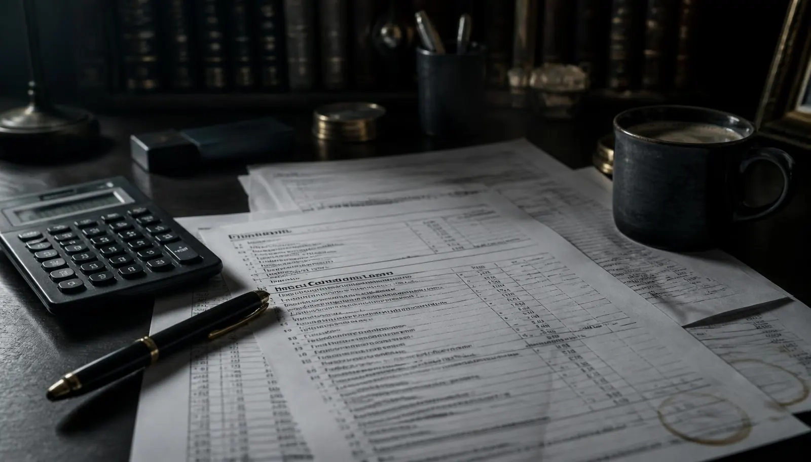 Printed New Jersey cannabis financial statements, tax schedules and a calculator on an executive desk