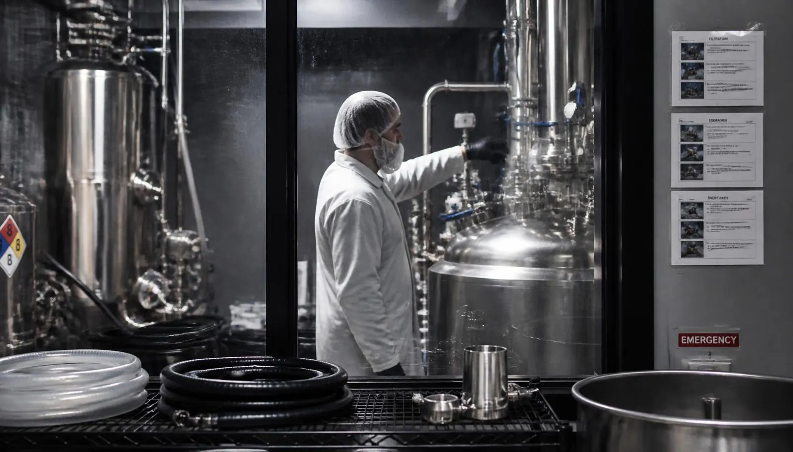 New Jersey cannabis manufacturing and extraction facility with stainless steel processing equipment behind clean-room glass