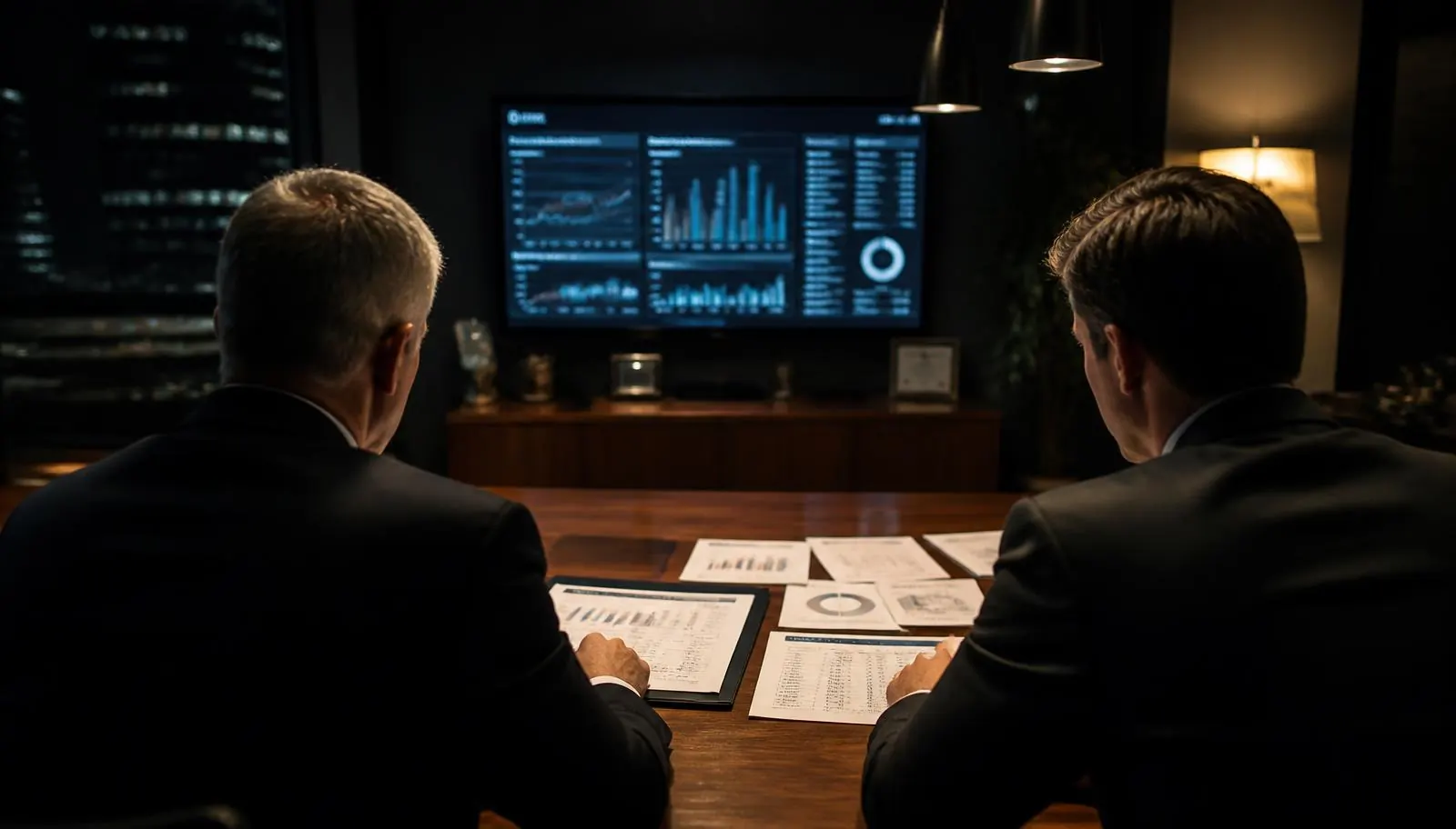 New Jersey cannabis accountants reviewing financial reports and margin analytics on screen in a dark executive office